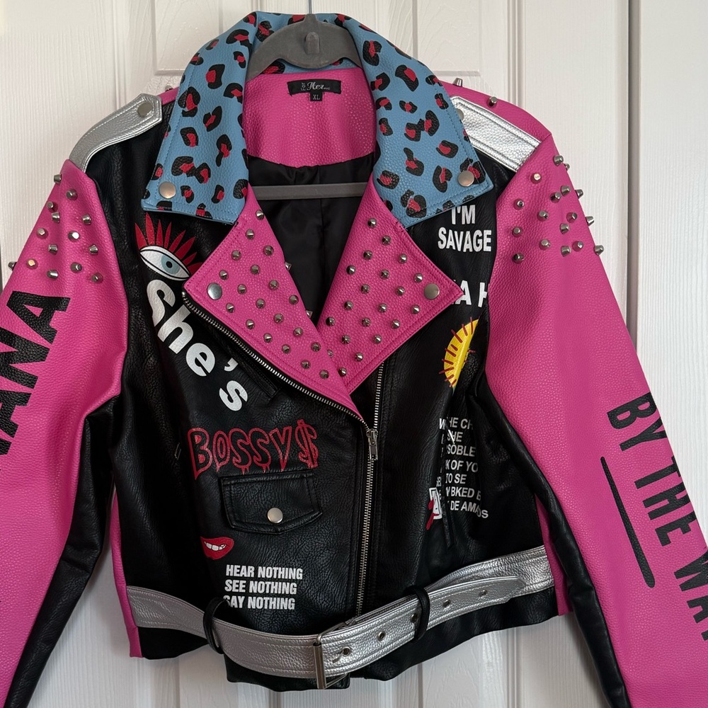 Stylish Vegan Leather Pink and Black Studded Women's Jacket - Picture 5 of 8